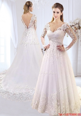 Luxurious Applique and Laced Brush Train V Neck Wedding Dress