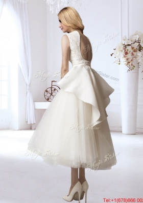 Modest Tea Length A Line Backless Wedding Dress with Appliques