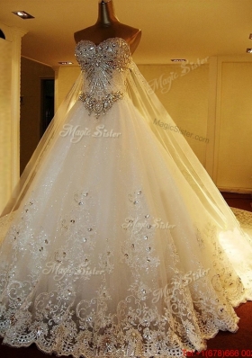 New Style Chapel Train Beaded Bodice and Applique Wedding Dress