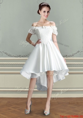 Popular Off the Shoulder Bowknot and Laced Wedding Dress in Taffeta