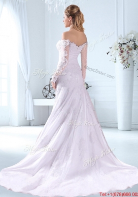 Pretty Brush Train Long Sleeves Wedding Dress with Off the Shoulder