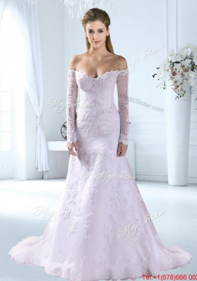 Pretty Brush Train Long Sleeves Wedding Dress with Off the Shoulder