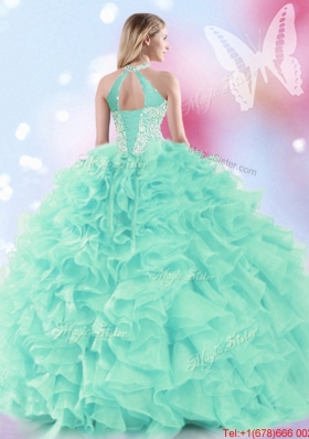 2017 Exclusive Apple Green Halter Top Quinceanera Dress with Beading and Ruffles