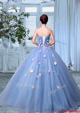 2017 New Style Strapless Organza Colorful Applique Quinceanera Gown in Lavender