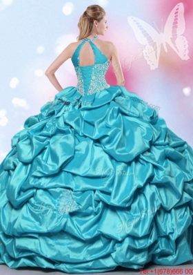 Best Halter Top Beaded and Bubble Quinceanera Dress in Turquoise