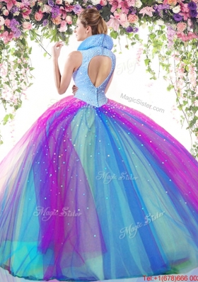 Cheap High Neck Beaded Rainbow Quinceanera Dress in Tulle