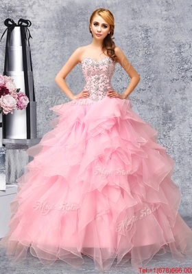 Gorgeous Beaded and Ruffled Organza Quinceanera Dress in Rose Pink