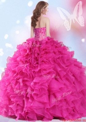 Lovely Really Puffy Beaded Organza Hot Pink Quinceanera Dress with Ruffles