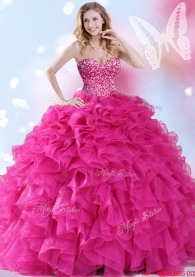 Lovely Really Puffy Beaded Organza Hot Pink Quinceanera Dress with Ruffles