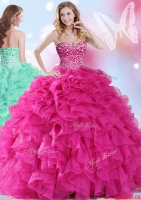 Lovely Really Puffy Beaded Organza Hot Pink Quinceanera Dress with Ruffles