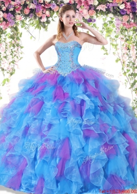 Modern Beaded and Ruffled Organza Quinceanera Dress in Multi Color