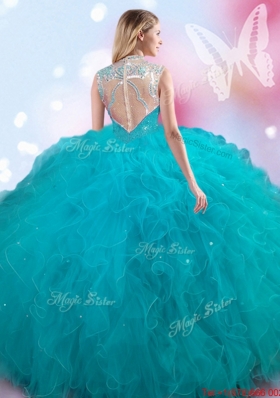 New See Through High Neck Beaded and Ruffled Teal Sweet 16 Dress