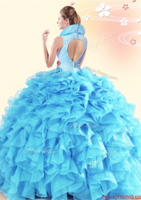 Simple Organza Ruffled and Beaded Sweet 15 Dress with High Neck