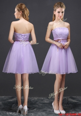 Gorgeous Laced Strapless Lavender Short Dama Dress in Organza