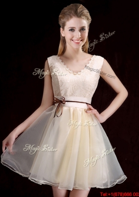 2017 Affordable Organza V Neck Prom Dress with Belt and Appliques