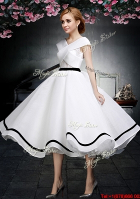 2017 Discount Tea Length V Neck Cap Sleeves Prom Dress in White and Black