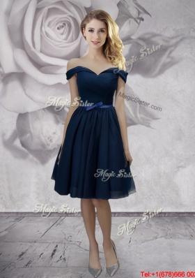 2017 Exclusive Knee Length Off the Shoulder Prom Dress in Navy Blue