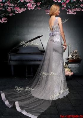 2017 Fashionable Backless Grey Watteau Train Prom Dress with Belt and Lace