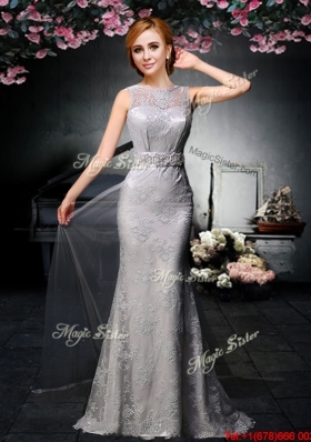 2017 Fashionable Backless Grey Watteau Train Prom Dress with Belt and Lace