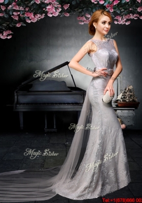 2017 Fashionable Backless Grey Watteau Train Prom Dress with Belt and Lace