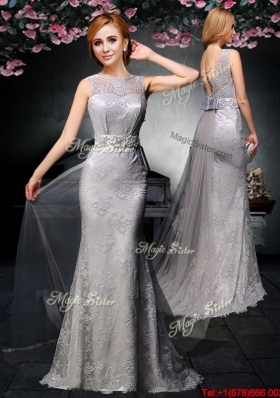 2017 Fashionable Backless Grey Watteau Train Prom Dress with Belt and Lace