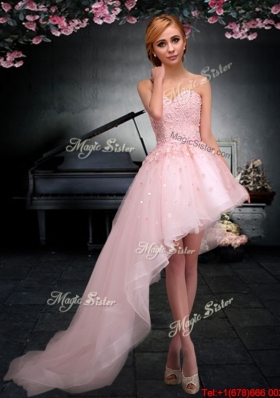 2017 Luxurious Asymmetrical Lace Up Applique Prom Dress in Baby Pink