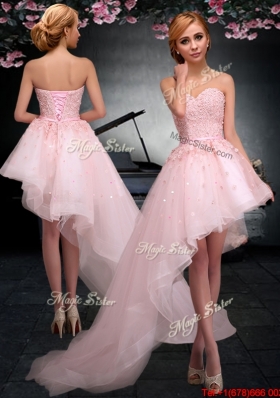 2017 Luxurious Asymmetrical Lace Up Applique Prom Dress in Baby Pink