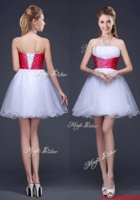 2017 Popular White Short Prom Dress with Beading and Red Belt