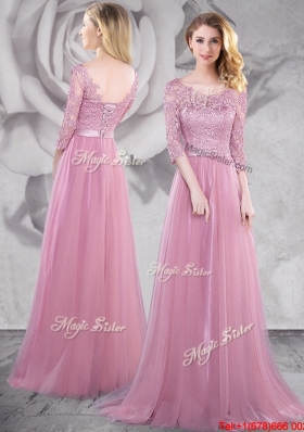Classical Brush Train Laced Pink Prom Dress with Half Sleeves