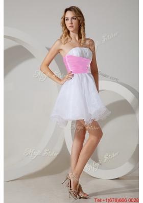 Exclusive Beaded and Rose Pink Belted Short Dama Dress in White