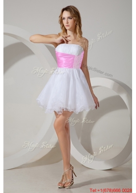 Exclusive Beaded and Rose Pink Belted Short Dama Dress in White