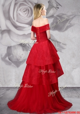 Exquisite Off the Shoulder Laced Red Prom Dress with Brush Train