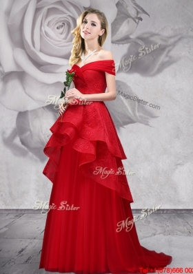 Exquisite Off the Shoulder Laced Red Prom Dress with Brush Train