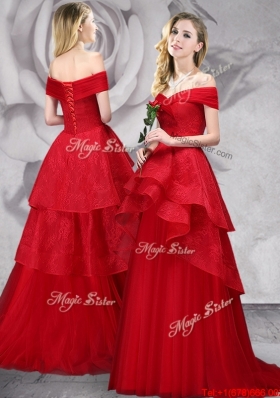 Exquisite Off the Shoulder Laced Red Prom Dress with Brush Train