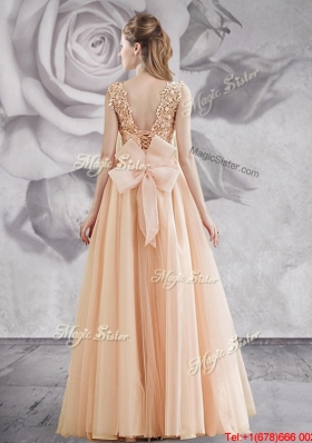 Fashionable See Through Applique and Bowknot Prom Dress in Champagne