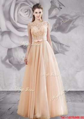 Fashionable See Through Applique and Bowknot Prom Dress in Champagne