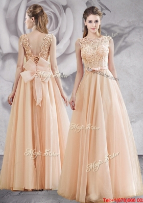 Fashionable See Through Applique and Bowknot Prom Dress in Champagne