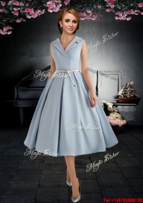 Gorgeous Belted A Line V Neck Prom Dress in Light Blue