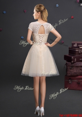 Gorgeous See Through Scoop Short Sleeves Prom Dress in Champagne