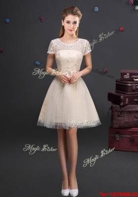 Gorgeous See Through Scoop Short Sleeves Prom Dress in Champagne