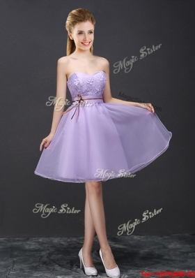 Modest Lace Up Belted and Applique Prom Dress in Lavender