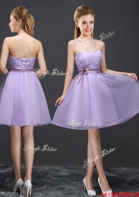 Modest Lace Up Belted and Applique Prom Dress in Lavender