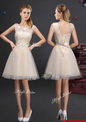 New Arrivals Laced and Belted Scoop Prom Dress in Champagne