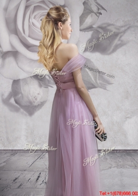 Pretty Belted and Ruched Off the Shoulder Prom Dress in Lavender