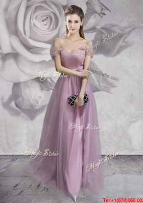 Pretty Belted and Ruched Off the Shoulder Prom Dress in Lavender