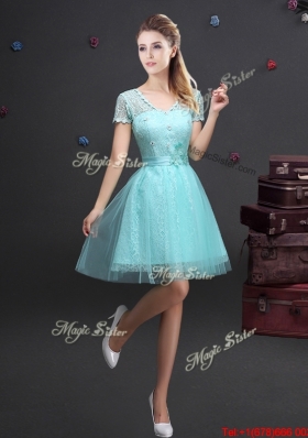 Pretty Laced and Applique Aquamarine Prom Dress with V Neck