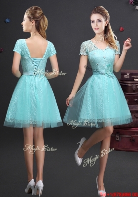 Pretty Laced and Applique Aquamarine Prom Dress with V Neck