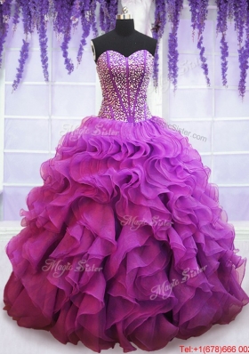 Affordable Visible Boning Eggplant Purple Quinceanera Dress with Beaded Bodice and Ruffles