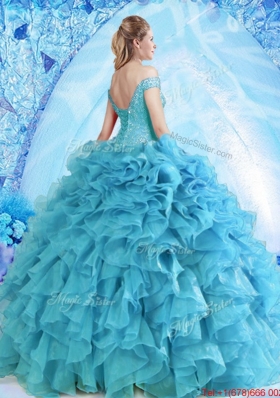 Elegant Beaded and Ruffled Quinceanera Dress in Baby Blue