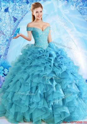 Elegant Beaded and Ruffled Quinceanera Dress in Baby Blue